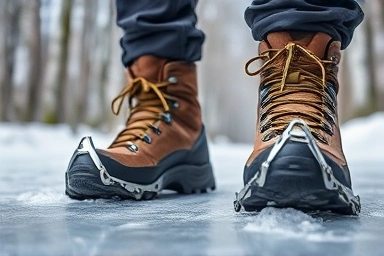 Hiking boots with crampons on icy winter path