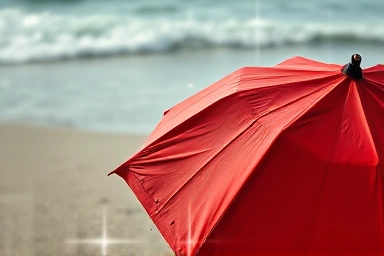 Red umbrella on wet sand, evoking cinematic nostalgia.