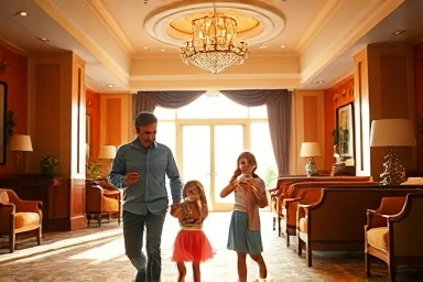 Happy family enjoying a themed hotel stay, creating memories.