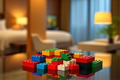 Lego bricks detail in a cozy, themed hotel room.
