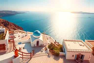 Exotic Mediterranean village square overlooking the sea