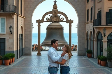 Couple taking photos in a scenic European plaza