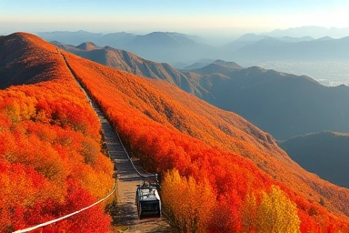 Vibrant autumn foliage in Seoraksan National Park with cable car.