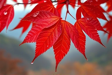 Close-up of red maple leaves with dew drops in autumn.