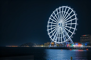 Sokcho Eye Ferris Wheel illuminated at night with ocean view
