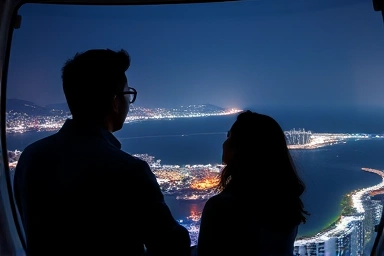 Couple enjoying night view from Sokcho Eye Ferris Wheel gondola