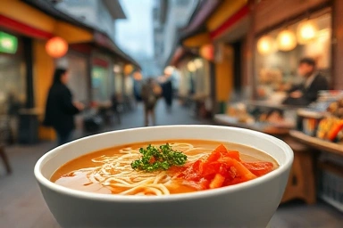 따뜻한 김이 나는 손칼국수와 신선한 겉절이 김치