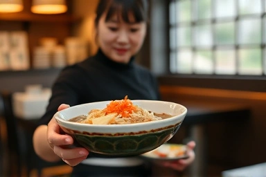 고소한 검은콩 칼국수를 제공하는 모습