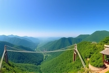 Panoramic view of Sogeumsan Grand Valley suspension bridges and mountains