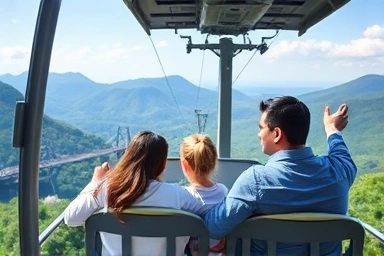 Family enjoys cable car ride with scenic mountain views at Sogeumsan