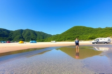 양양 갯마을 해수욕장 캠핑장 전경, 서핑과 해루질 즐기는 모습