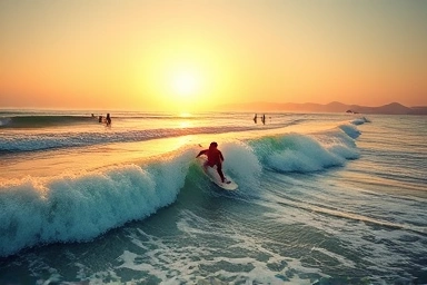 Surfer catching a wave at Yangyang Seopjikoji Beach during sunset.