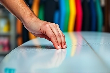 Close-up of surfer's hands on a surfboard, wetsuits in background.