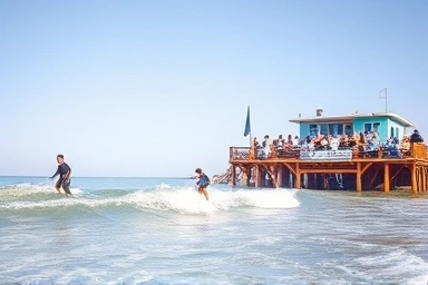 Yangyang beach with surfers and a lively guesthouse.