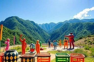 Artistic outdoor sculpture park with mountains and sunlight.