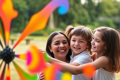 Family enjoying interactive art in a beautiful outdoor park.