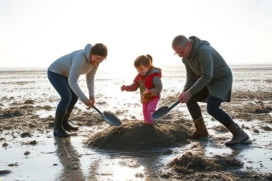 안면도 갯벌체험 중인 가족