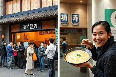 오씨칼국수 웨이팅 줄과 여유로운 식사 모습