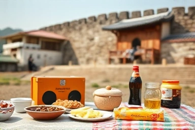 해미읍성 피크닉 돗자리 위 간편식과 음료