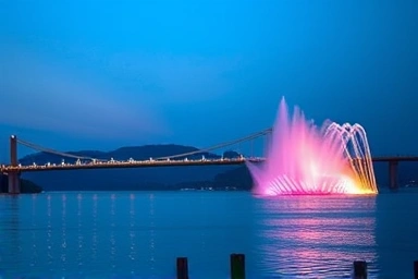 야간 예당호 출렁다리와 음악 분수쇼가 펼쳐지는 풍경