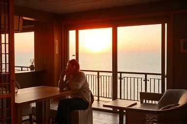 한옥 감성 애월 카페 내부에서 바라보는 바다와 노을