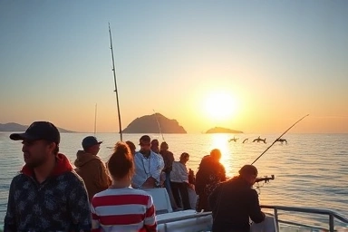 제주 차귀도에서 배낚시를 즐기는 사람들, 석양과 함께