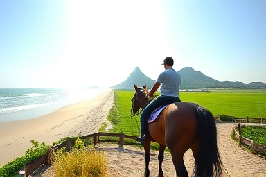 제주 해변 승마 체험, 아름다운 바다와 성산일출봉 배경