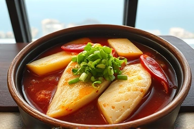 김이 모락모락 나는 제주 뼈없는 갈치조림과 푸른 바다가 보이는 창가