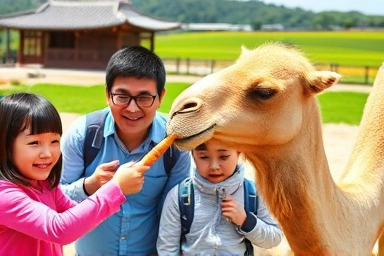제주 낙타 체험, 가족이 낙타에게 당근 주기