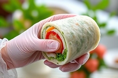 위생장갑을 끼고 다가미김밥을 먹는 모습
