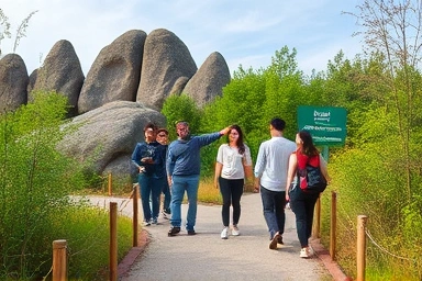 거문오름 탐방로에서 해설사와 함께하는 관광객