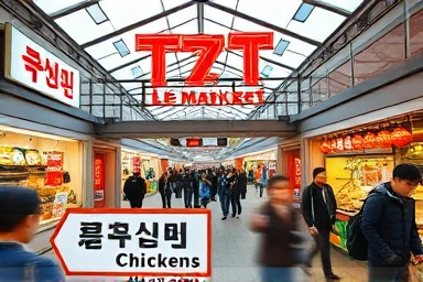 제주 서귀포 올레시장 전경과 마농치킨 안내