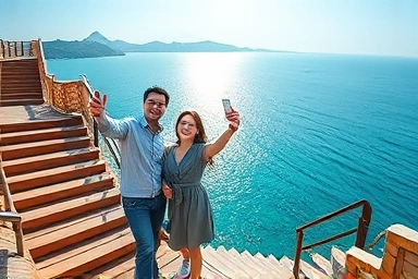 송악산 둘레길 나무 계단에서 인생샷 찍는 커플