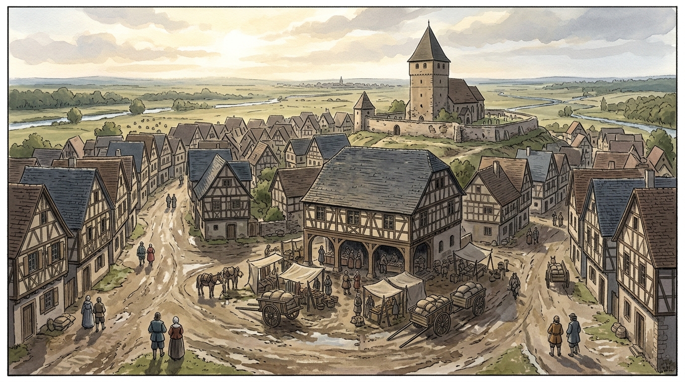 Bischwiller, Bas-Rhin, Alsace, France in the 1660s, as Yore painted it from the sources: You stand near the crossing of the main ways, where the new Laub rises as the common house and its arcades hold markets and fairs. The place is not one village only: toward one sid