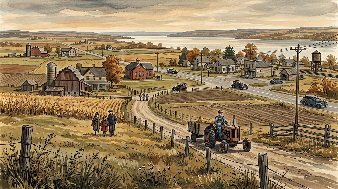 Aurelius, Cayuga County, New York in the 1940s, as Yore painted it from the sources: You stand in a town rather than a city: Aurelius holds about 1,430 people in 1940, and its eastern edge meets the city of Auburn. Turn west and the land falls toward Cayuga Lake, w
