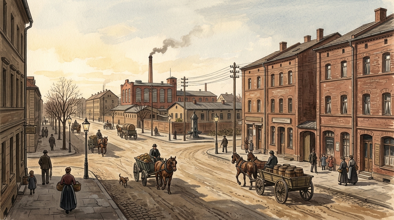 Nürnberger Strasse, Erlangen, Bavaria, Germany in the 1910s, as Yore painted it from the sources: You stand on Nürnberger Straße, the road whose name points south toward Nuremberg. Around this part of Erlangen the town is no longer only the old baroque core: its population has