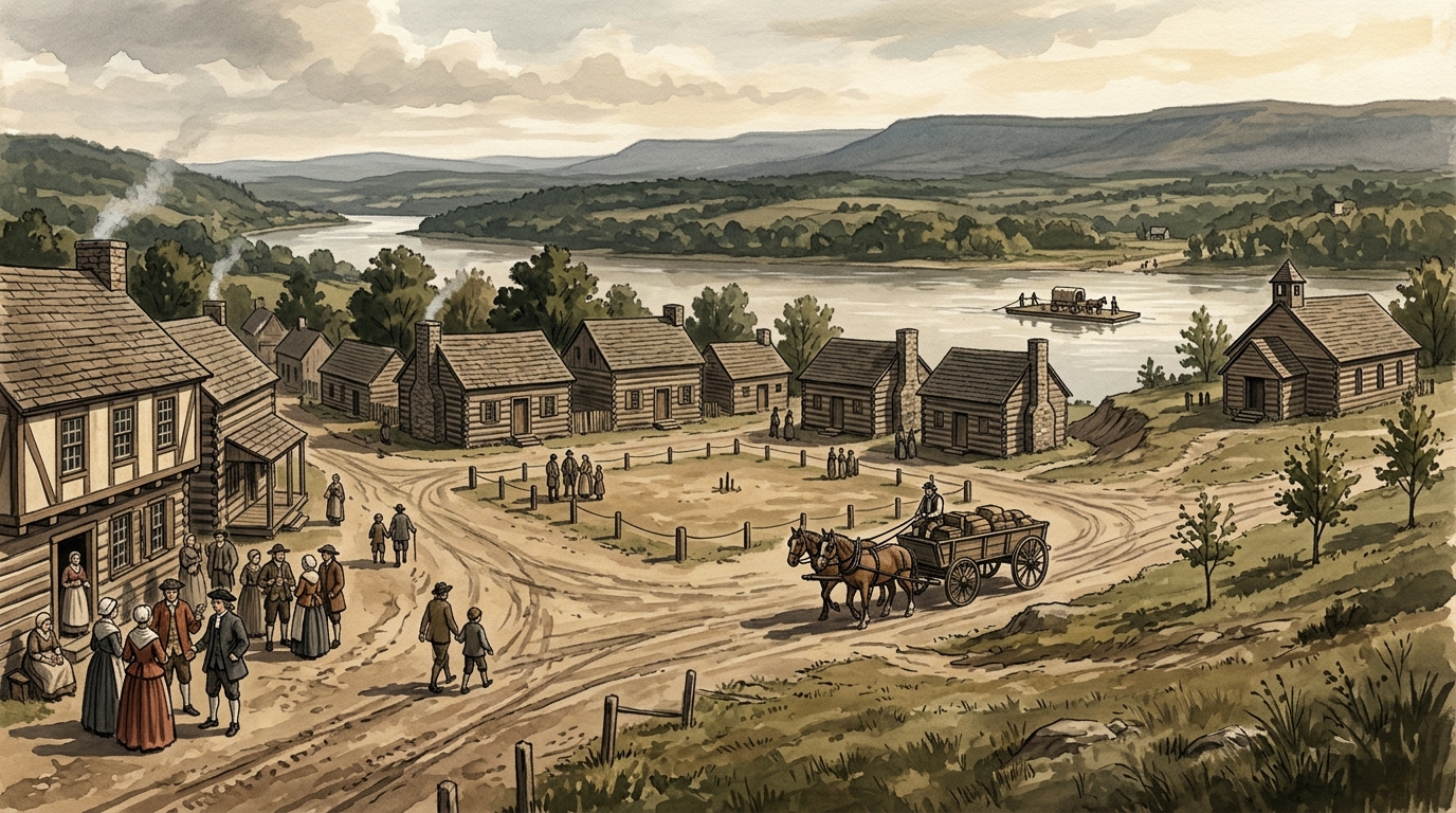 Easton, Northampton County, Pennsylvania in the 1760s, as Yore painted it from the sources: You stand at the Great Square, where an 80-by-80-foot courthouse lot has been laid out and county business draws people in. Around it are log houses and taverns that serve those wh