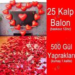 25 Kalp Balon + 500 Yapay Gül, Kalpli Balon Ve Gül Yaprakları
