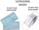 3 Katlı Telli Maske Mavi 25 Adet + Ultrasonik Beyaz Maske 25 Adet