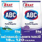 Abc Matik Toz Çamaşır Deterjanı 18Kg (2Pkx9Kg) Dağ Ferahlığı Parlak Beyazlar+Lavanta T. Renkli/Beyaz