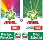 Ariel Parlak Renkler 9 kg + Dağ Esintisi 9 kg Beyazlar ve Renkliler için Toz Çamaşır Deterjanı