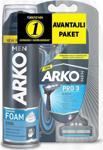 Arko Men T3 Pro 3 Bıçaklı Tıraş Bıçağı 3'lü & Cool Tıraş Köpüğü 200 Ml Avantaj Paketi