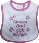 Babix Annem Beni Çok Seviyoo Yazılı Mama Önlüğü Pembe