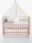 Babycom Anne Yanı Doğal Boyasız Ahşap Kademeli Beşik 70X130 - Tekerlekli + Sarı Biyeli Uyku Seti