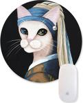 Bi Tıkla Gelsin Inci Küpeli Kaprisli Kedi Illüstrasyon Baskılı Yuvarlak Mouse Pad - Ani089Y