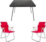 Bofigo 60X80 Granit Desenli Katlanır Masa + 2 Adet Katlanır Sandalye Kamp Seti Bahçe Balkon Takımı Kırmızı