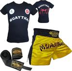 By Leon 1982 Unisex Sarı Leon Classic Muay Thai Şortu Tişört Ve Boks Bandajı Seti