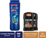 Clear Men Cool Sport Menthol Şampuan 600 Ml + Axe Leather&Cookies Erkek Deodorant Stick 50 Ml X2