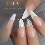 Eda Luxury Beauty Pembe Beyaz French Takma Tırnak Lüks Kristal Taşlı Desenli Uzun Sivri Uçlu Stiletto Nail Art Set