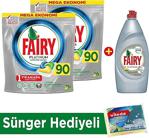 Fairy Platinum Limon 90 Adet 2'li Paket Kapsül + Bulaşık Deterjanı Limonlu 870 ml + Sünger